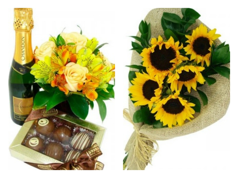 Kit com flor, Chandon e chocolate | Ramalhete de Girassois - fotos: Floresce